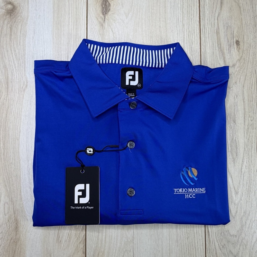 Footjoy Men's Lisle Self Collar Blue Short Sleeve Shirt XXL Stretch Logo NWT